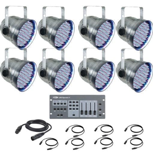 JH DEAL – LED Par 56 set 8 Polished compleet met kabels en sturing _Uit assortiment J&H licht en geluid