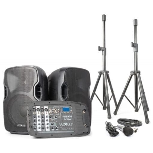 Vexus PSS302 Mobiele Geluidset 10″ SD/USB/MP3/BT met Standaards _Uit assortiment J&H licht en geluid