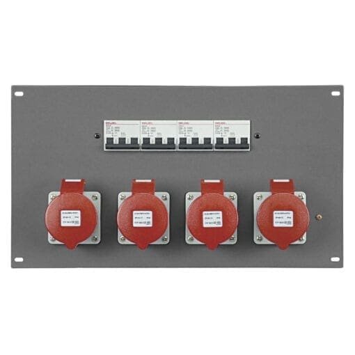 Showtec PDP-324F 19 inch paneel met 4 5-pins CEE 32A aansluitingen en 4 3-fase 32A circuitbreakers Rack distributie J&H licht en geluid