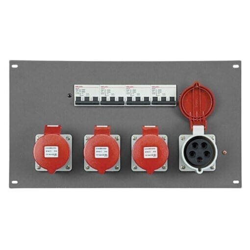 Showtec PDP-324F 19 inch paneel met 4 5-pins CEE 32A aansluitingen en 4 3-fase 32A circuitbreakers Rack distributie J&H licht en geluid 3
