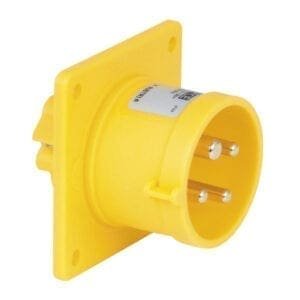 Showtec 4-pins CEE male chassis 110V/16A – IP44 (geel) Aansluitingen 110V J&H licht en geluid