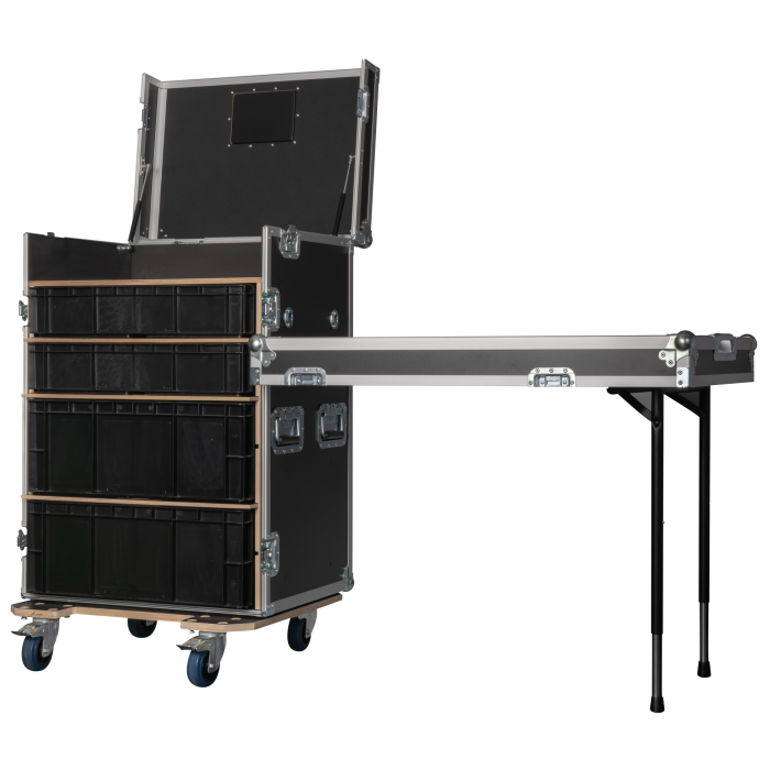 SHOWGEAR Storage Case 2 – Met 4 kratten en 2 werkoppervlakken Diverse kisten J&H licht en geluid SHOWGEAR Storage Case 2 – Met 4 kratten en 2 werkoppervlakken Diverse kisten J&H licht en geluid