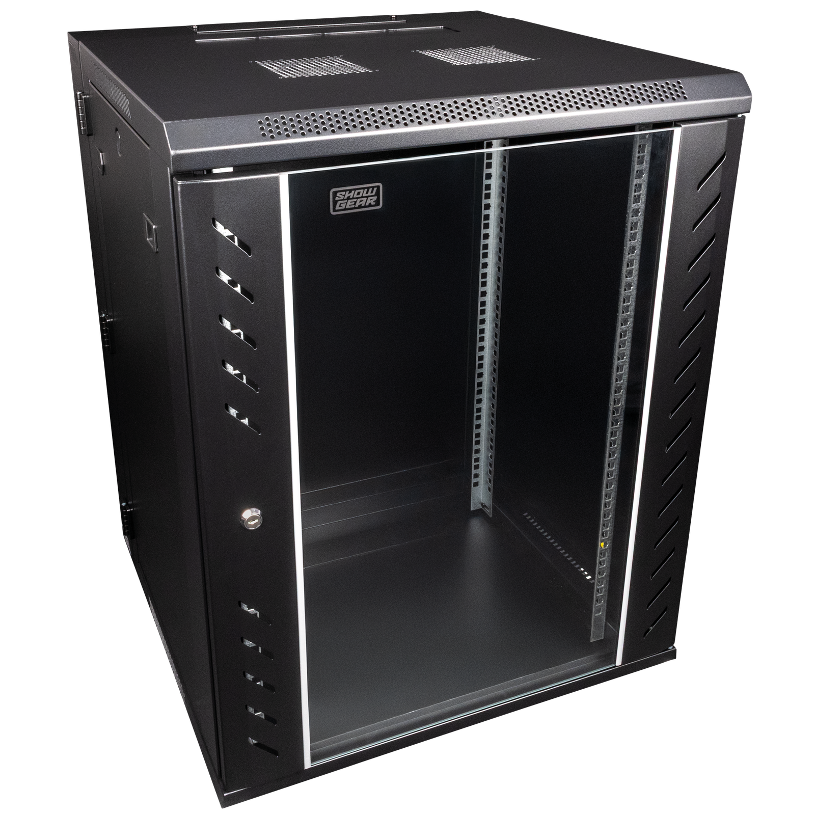 Showgear RCA-WMH-15 15U wandrack met glazen deur hoezen en kisten J&H licht en geluid Showgear RCA-WMH-15 15U wandrack met glazen deur hoezen en kisten J&H licht en geluid