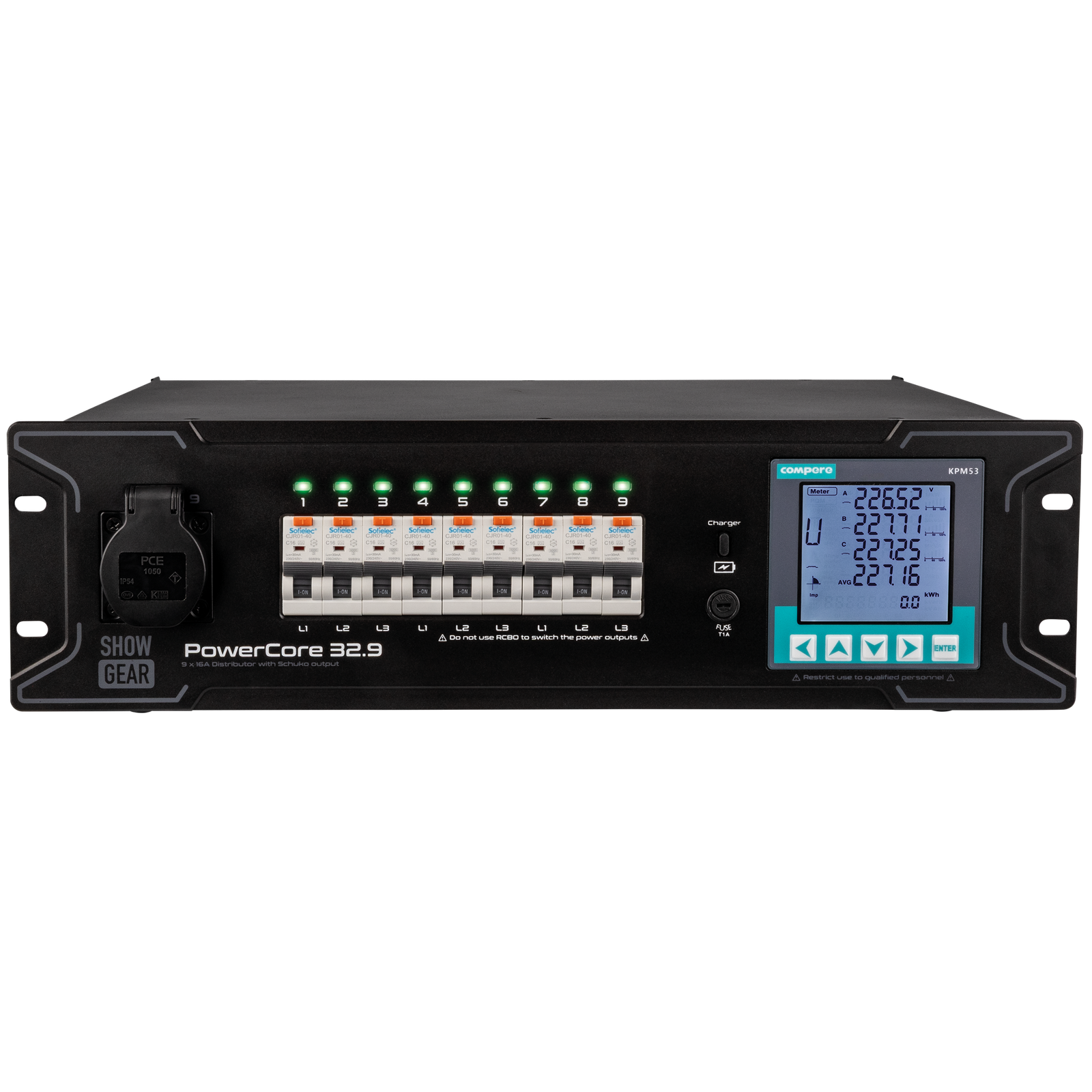 SHOWGEAR PowerCore 32.9 stroomverdeler 32A naar 9x Schuko Kabels en aansluitingen J&H licht en geluid SHOWGEAR PowerCore 32.9 stroomverdeler 32A naar 9x Schuko Kabels en aansluitingen J&H licht en geluid
