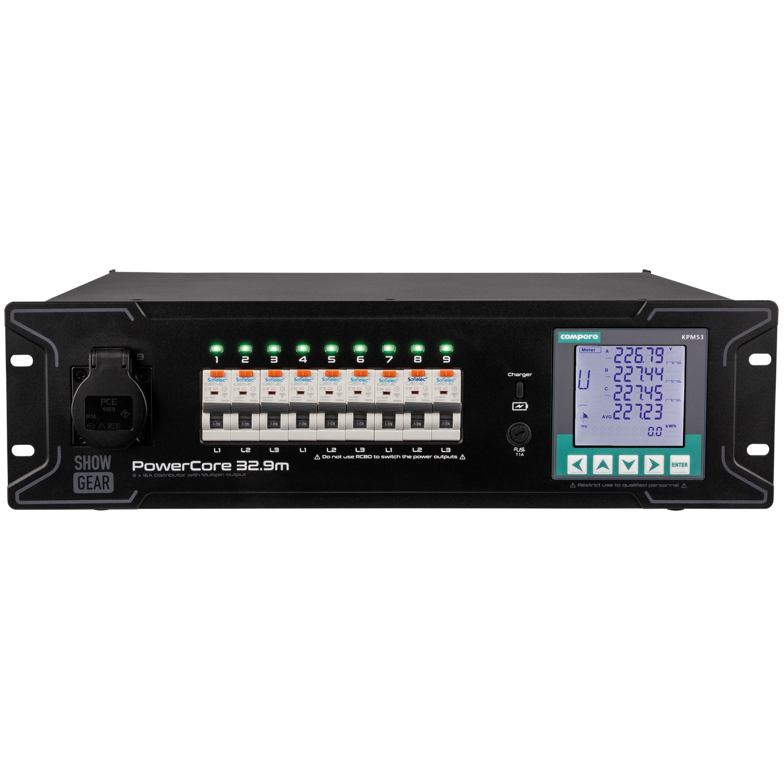 SHOWGEAR PowerCore 32.9m stroomverdeler met 9x Schuko en H16 multipin Kabels en aansluitingen J&H licht en geluid SHOWGEAR PowerCore 32.9m stroomverdeler met 9x Schuko en H16 multipin Kabels en aansluitingen J&H licht en geluid