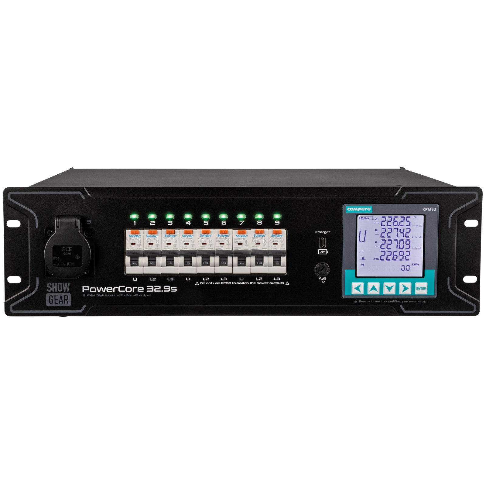 Showgear PowerCore 32.9s 32A stroomverdeler met 9x Schuko en Multipin S19 Kabels en aansluitingen J&H licht en geluid Showgear PowerCore 32.9s 32A stroomverdeler met 9x Schuko en Multipin S19 Kabels en aansluitingen J&H licht en geluid