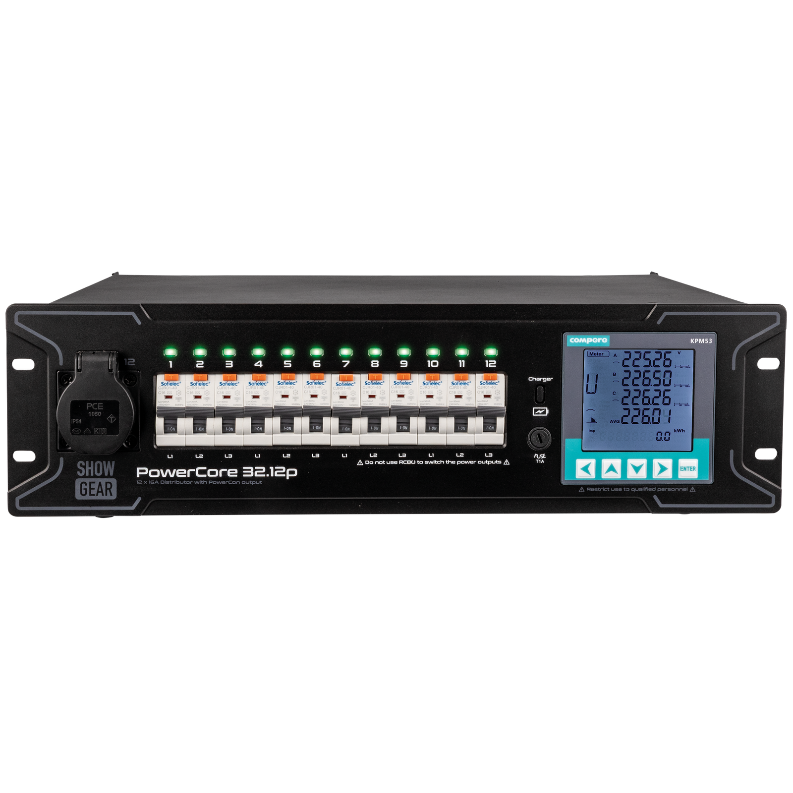 Showgear PowerCore 32.12p 32A stroomverdeler met 1x Schuko en 12x Power Pro True Kabels en aansluitingen J&H licht en geluid Showgear PowerCore 32.12p 32A stroomverdeler met 1x Schuko en 12x Power Pro True Kabels en aansluitingen J&H licht en geluid