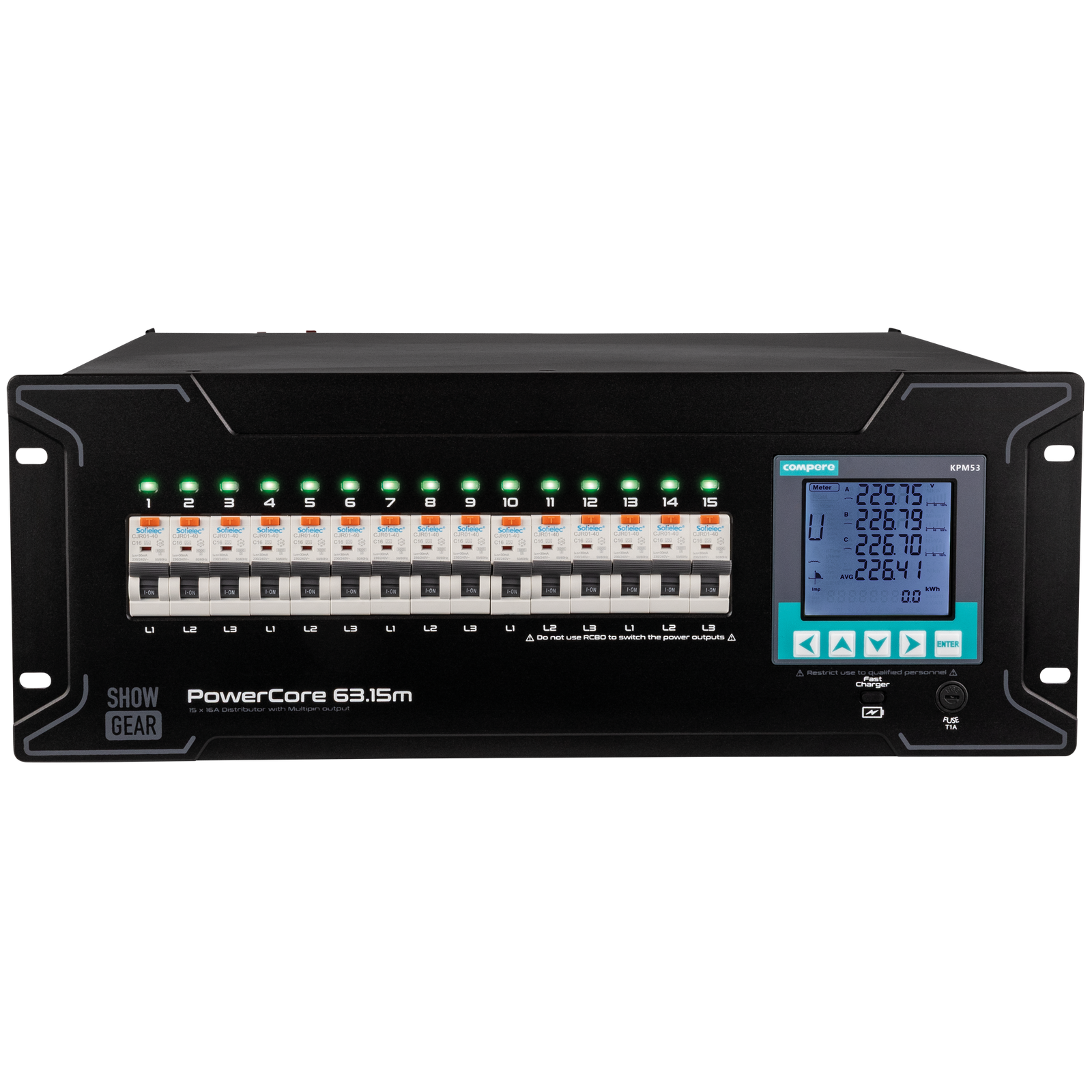 Showgear PowerCore 63.15m stroomverdeler 63A met 9x Schuko en 2x H16 Kabels en aansluitingen J&H licht en geluid Showgear PowerCore 63.15m stroomverdeler 63A met 9x Schuko en 2x H16 Kabels en aansluitingen J&H licht en geluid