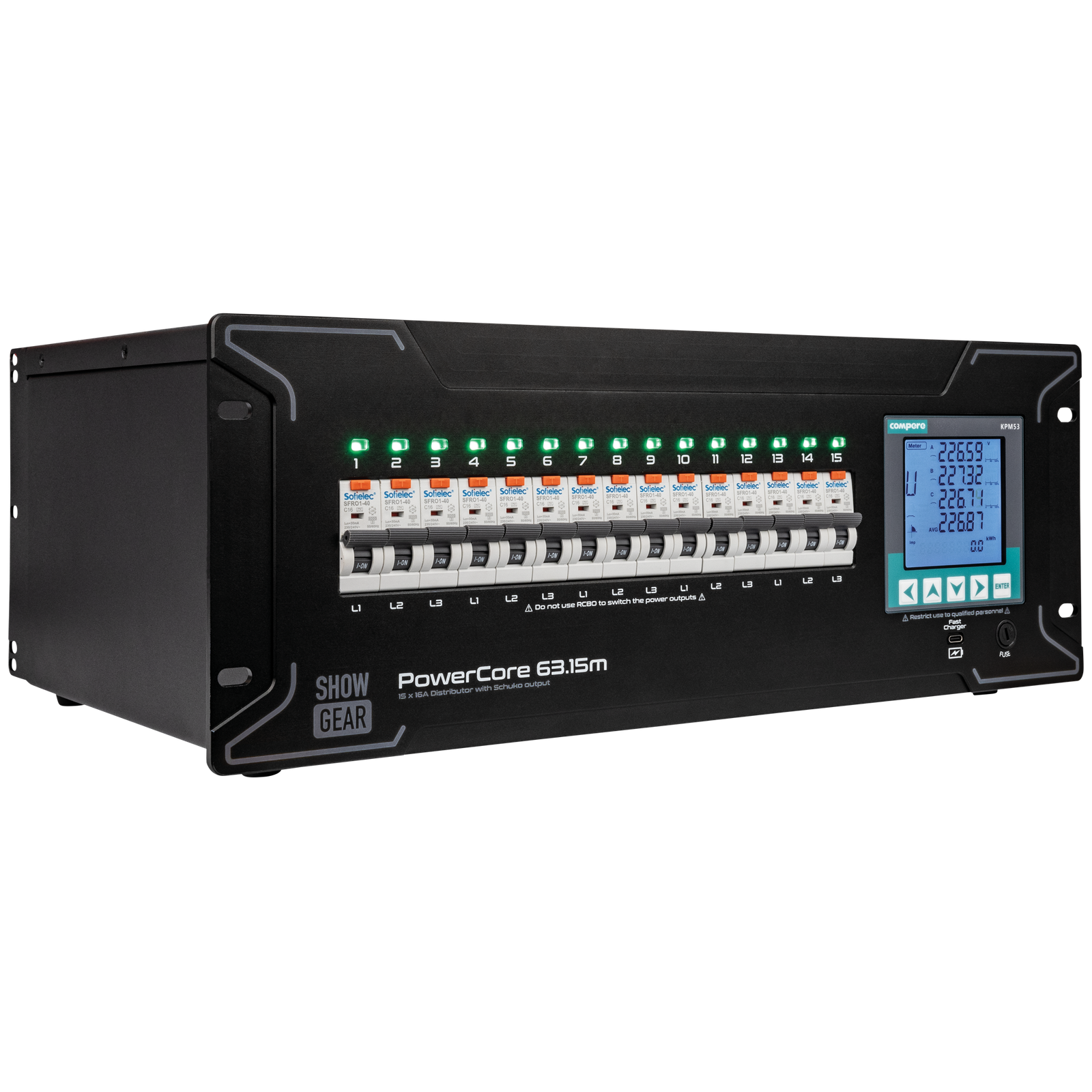 Showgear PowerCore 63.15m stroomverdeler 63A met 9x Schuko en 2x H16 Kabels en aansluitingen J&H licht en geluid 3 Showgear PowerCore 63.15m stroomverdeler 63A met 9x Schuko en 2x H16 Kabels en aansluitingen J&H licht en geluid 3