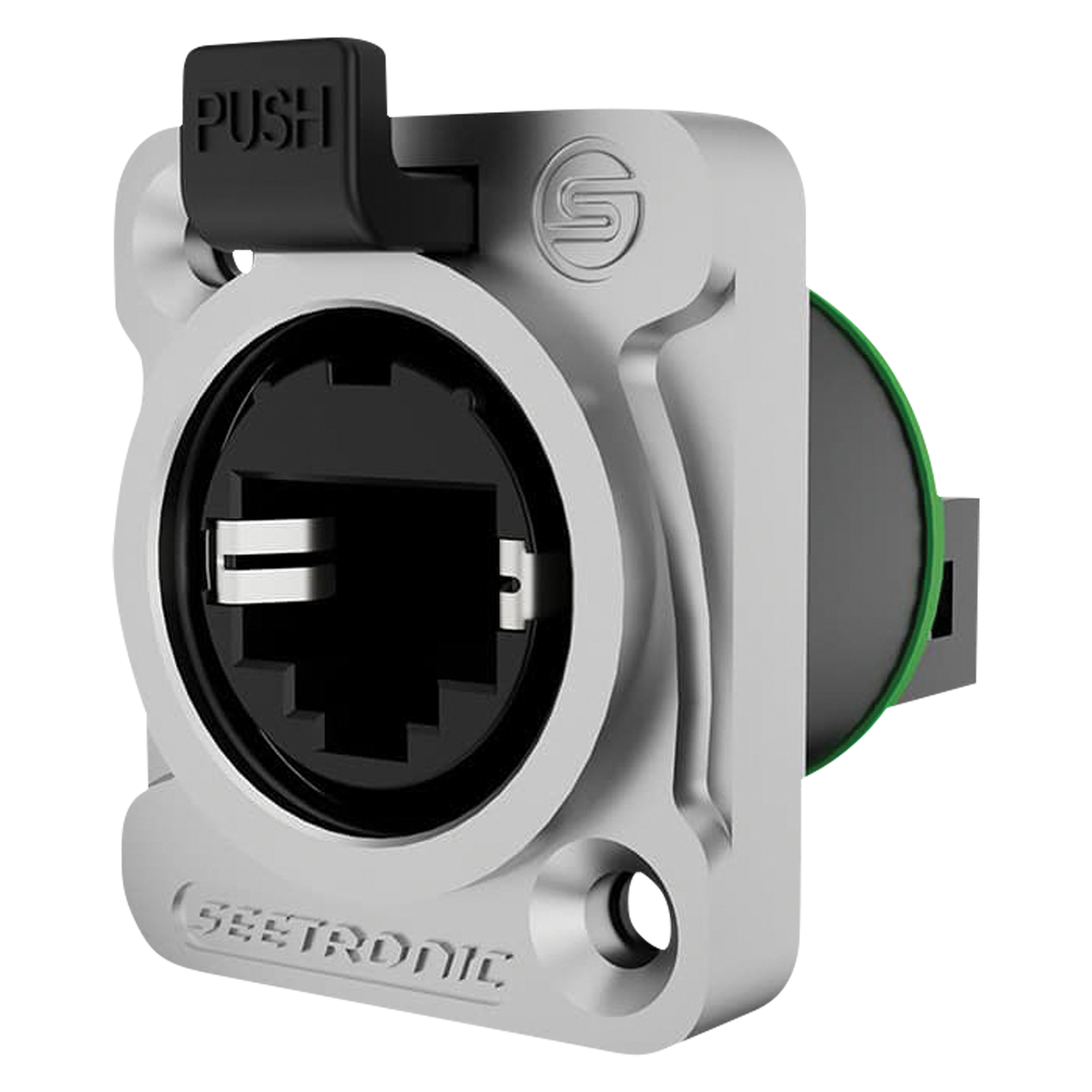 Seetronic RJ45 chassisconnector D-size IP65 Datachassis en -pluggen J&H licht en geluid Seetronic RJ45 chassisconnector D-size IP65 Datachassis en -pluggen J&H licht en geluid
