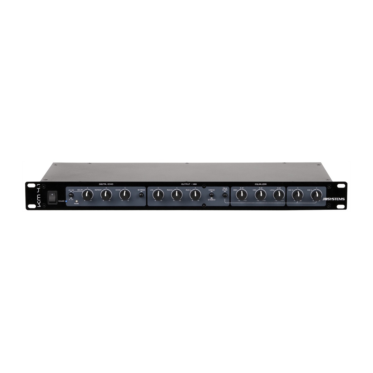 JB SYSTEMS KM 4.1 karaoke mixer met echo, 2 lijningangen en talkover 19-inch mixers J&H licht en geluid JB SYSTEMS KM 4.1 karaoke mixer met echo, 2 lijningangen en talkover 19-inch mixers J&H licht en geluid