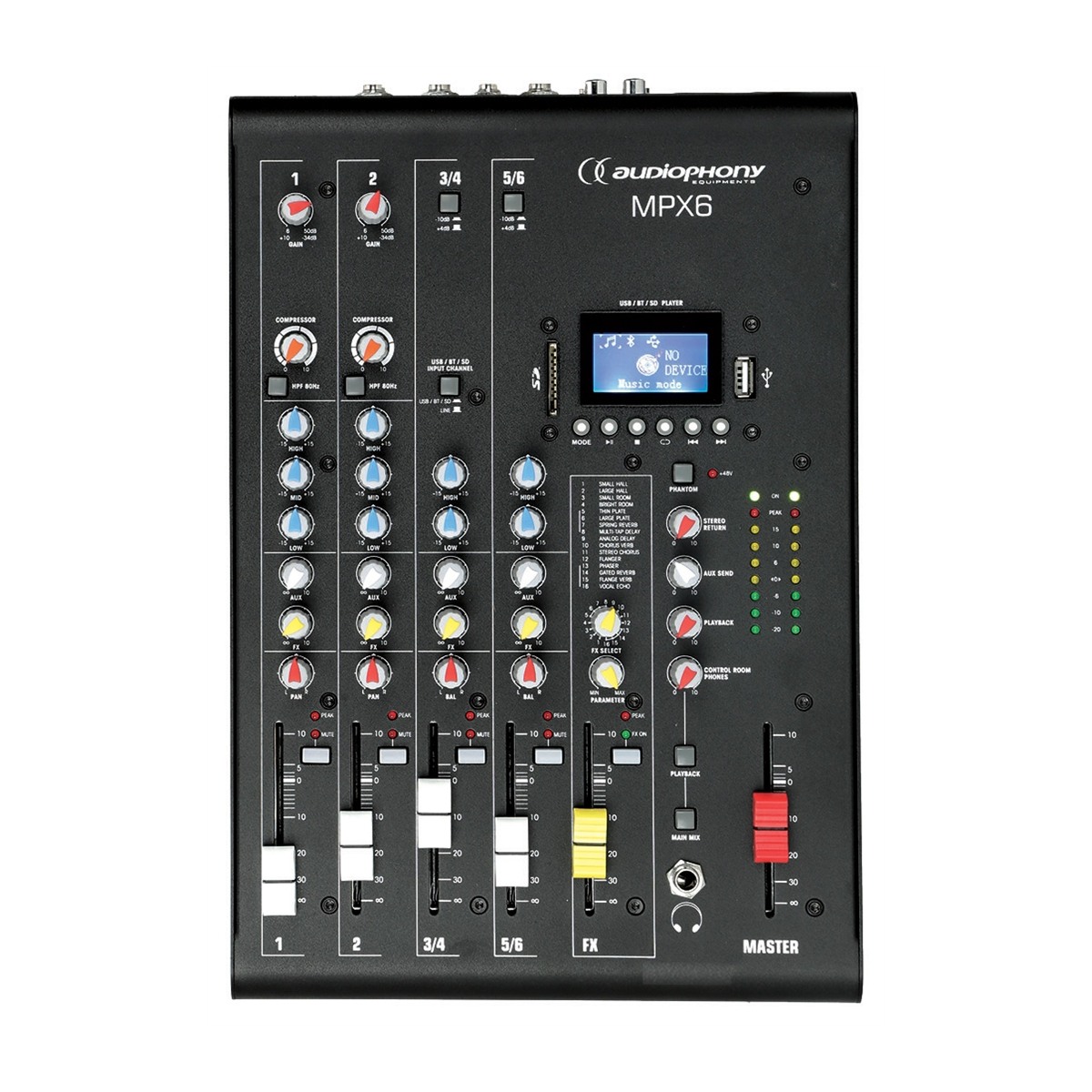 AUDIOPHONY MPX6 PA mixer, 6 kanalen met compressie en USB/SD/Bluetooth-speler Live mixers J&H licht en geluid AUDIOPHONY MPX6 PA mixer, 6 kanalen met compressie en USB/SD/Bluetooth-speler Live mixers J&H licht en geluid