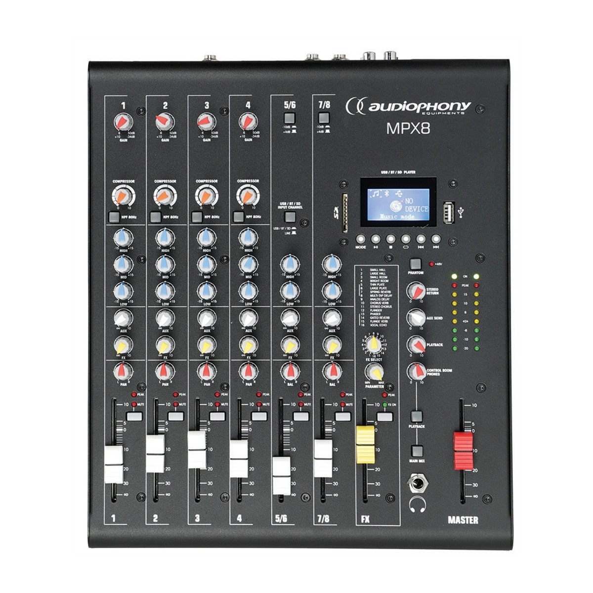 AUDIOPHONY MPX8 PA mixer, 8 kanalen met compressie en USB/SD/Bluetooth-speler Live mixers J&H licht en geluid AUDIOPHONY MPX8 PA mixer, 8 kanalen met compressie en USB/SD/Bluetooth-speler Live mixers J&H licht en geluid